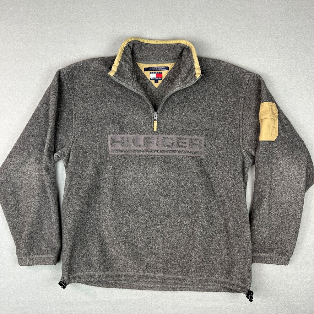 VTG Tommy Hilfiger 1/4‎ Zip Mens Large Fleece Spellout 1990s Pullover Preppy